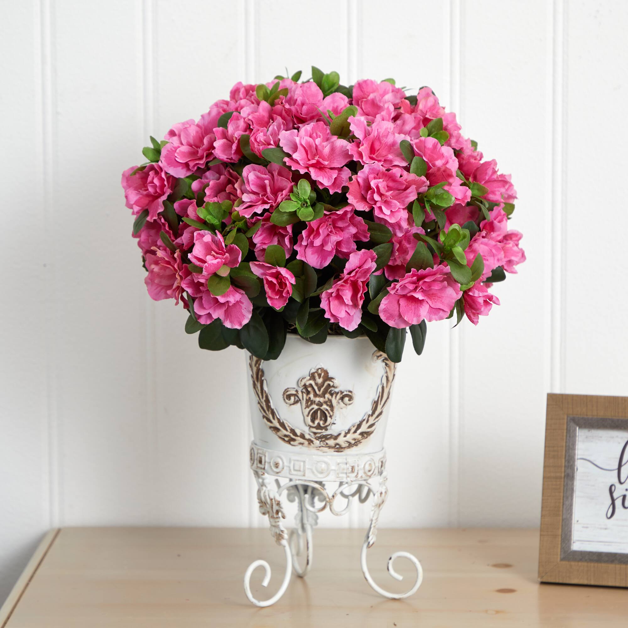 19" Pink Azalea with White Metal Planter